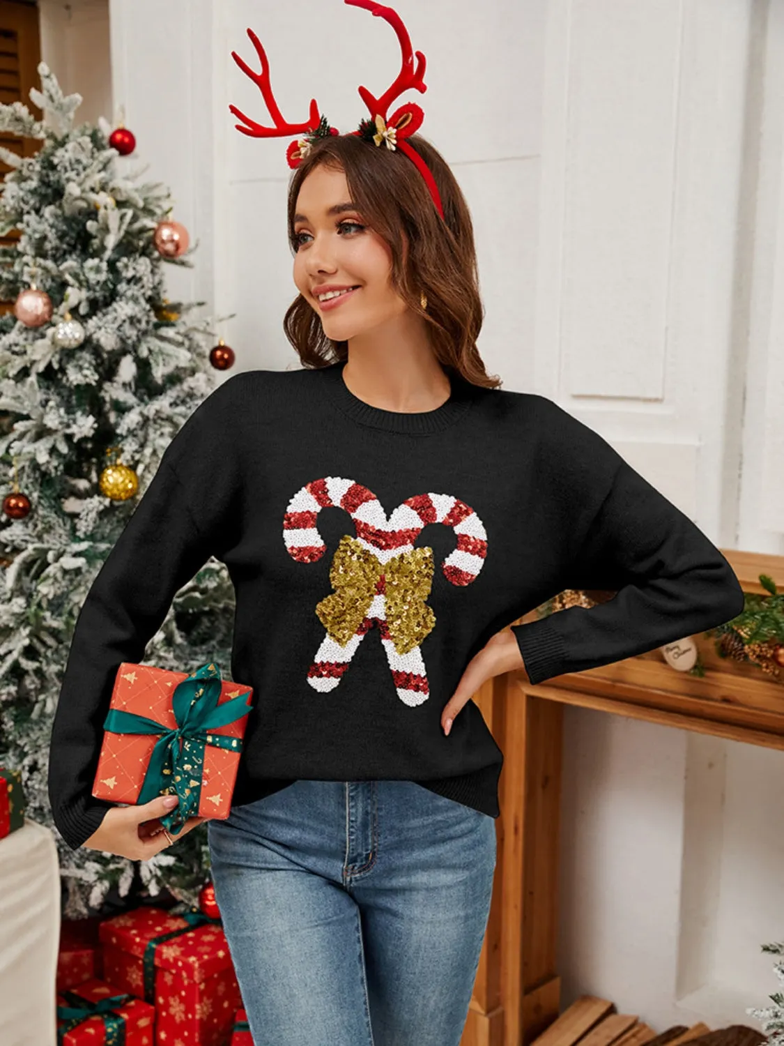 Maxct &Sequin Candy Cane Round Neck Long Sleeve Sweater