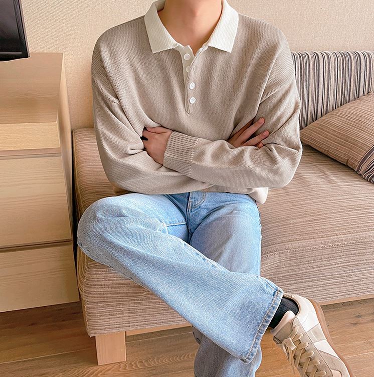 Maxct 5517 Knitted Two-Tone Quarter Button-Up Sweater