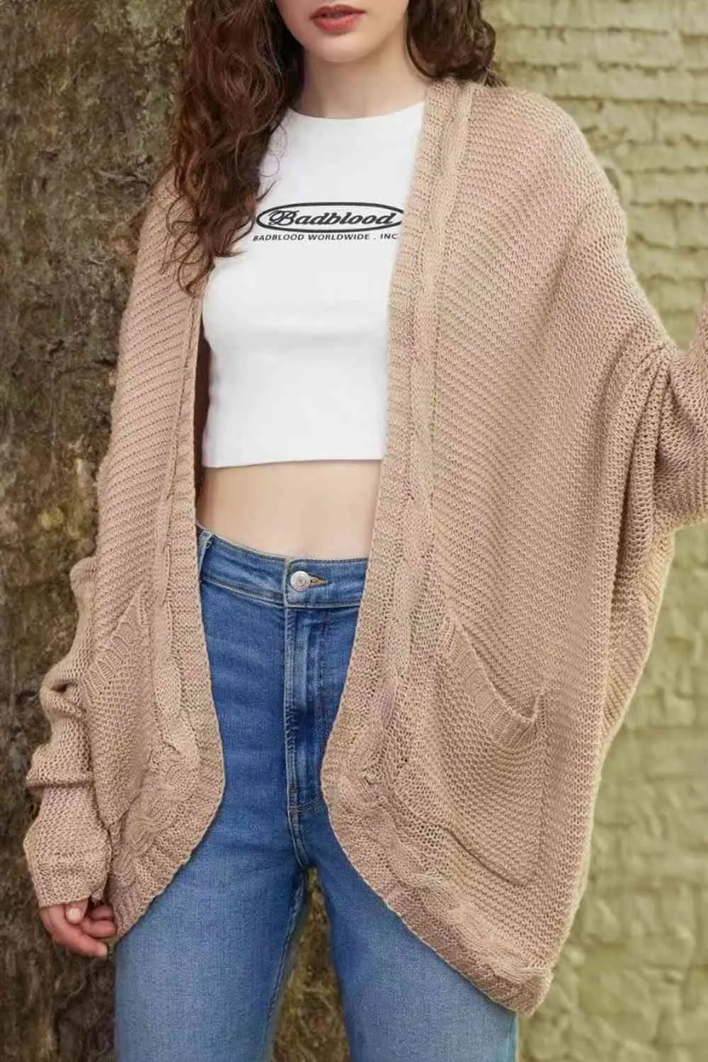 Maxct &Cable-Knit Open Front Cardigan with Pockets