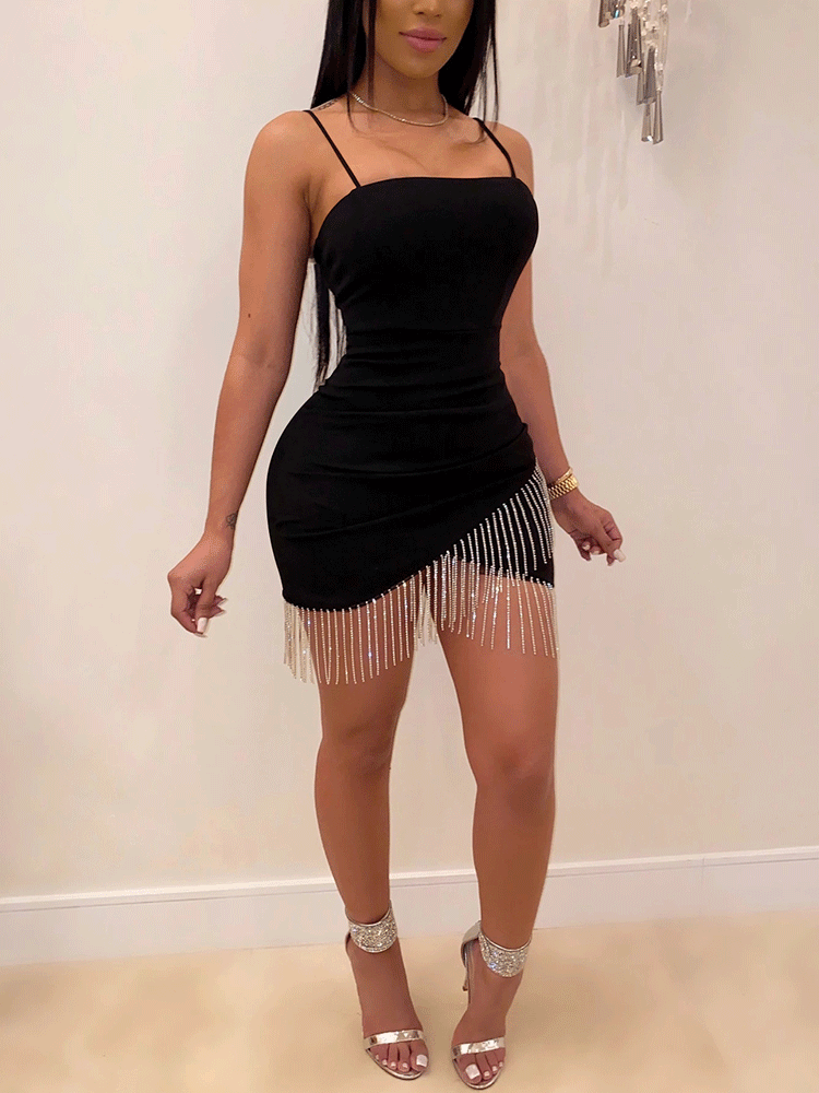 Solid Rhinestones Tassel Mini Dress Maxct