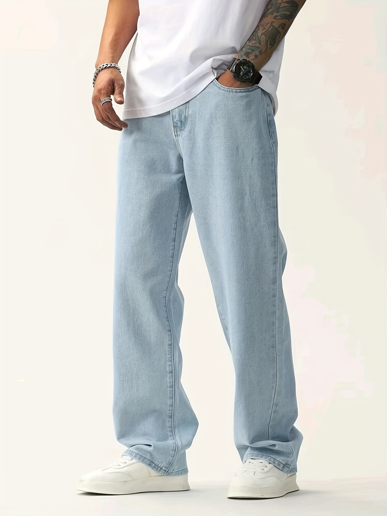 Men's Light Blue Straight Leg Cotton Jeans