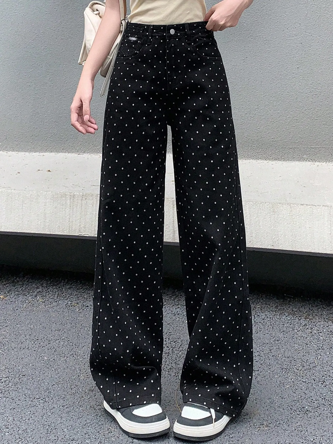 Maxct Women's Polka Dot Printed Wide Leg Loose Casual Denim Pants With Pockets