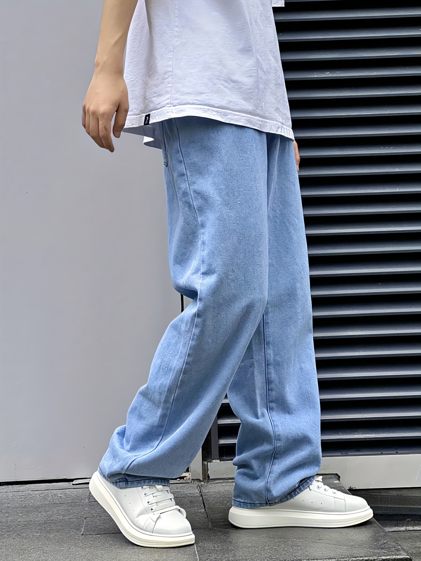 Classic Design Wide Leg Jeans, Men's Casual Street Style Solid Color Denim Pants For Spring Summer