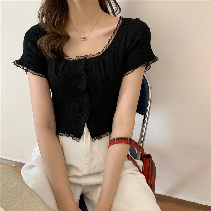 Maxct Women Patched Lace O-Neck Knitted Short Sleeve Thin Sweaters Cardigans Lady Single-breasted Buttons Sweater Crop Tops Female