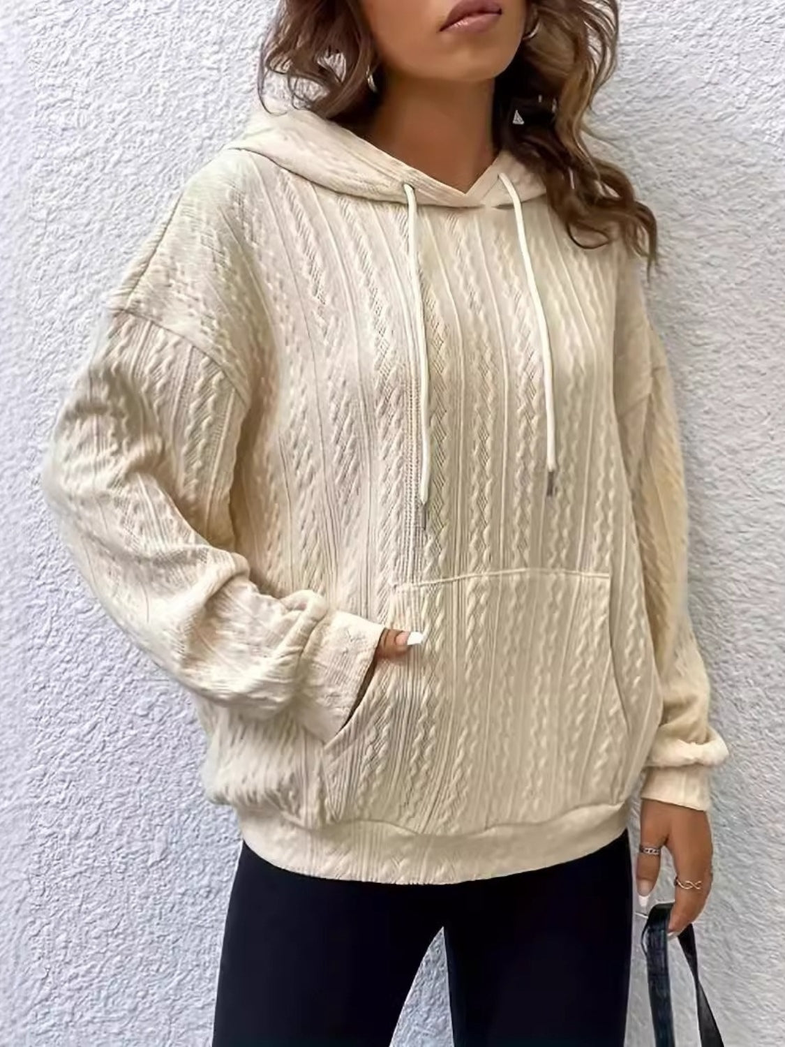 Maxct &Drawstring Texture Long Sleeve Hoodie