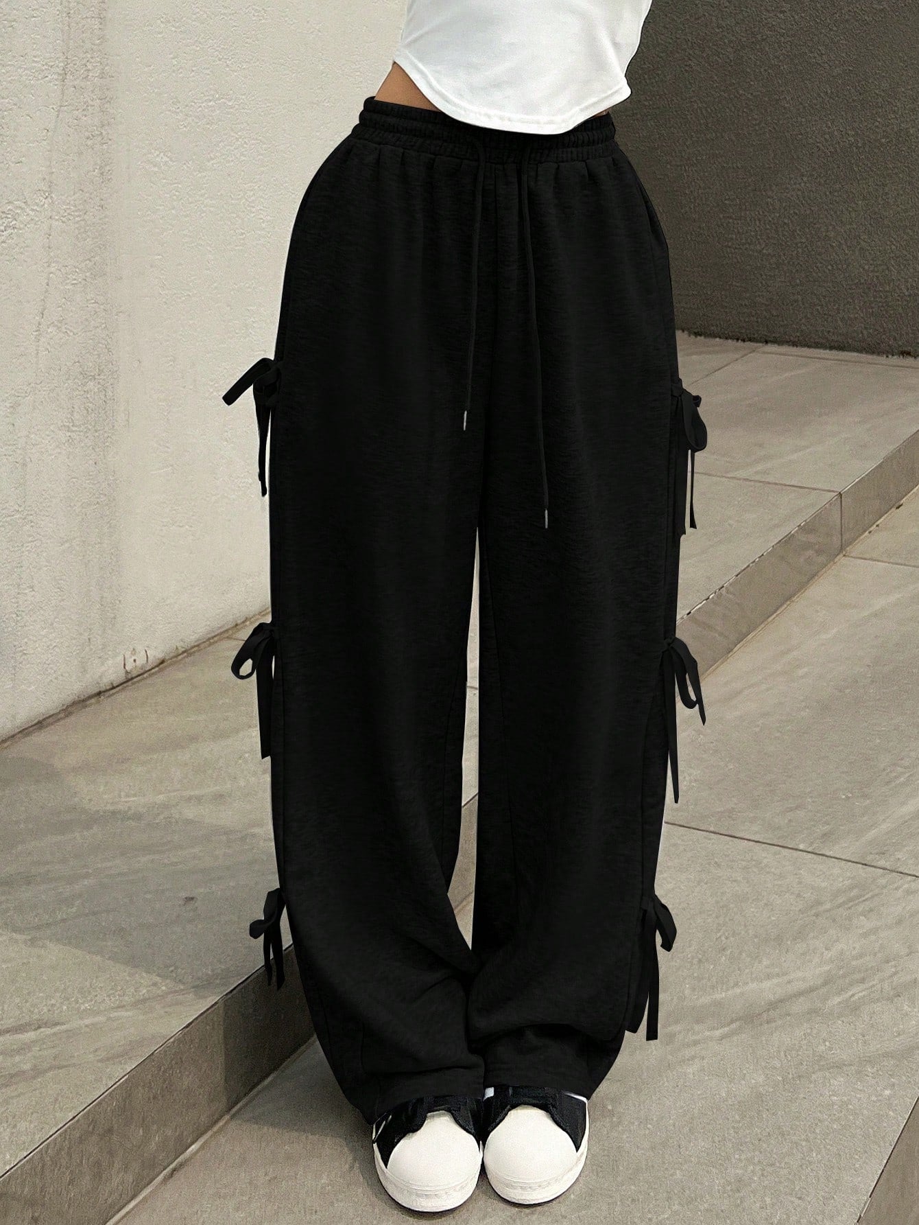 Maxct Women's Loose Casual Solid Color Drawstring Waist Jogger Pants With Bow Decor