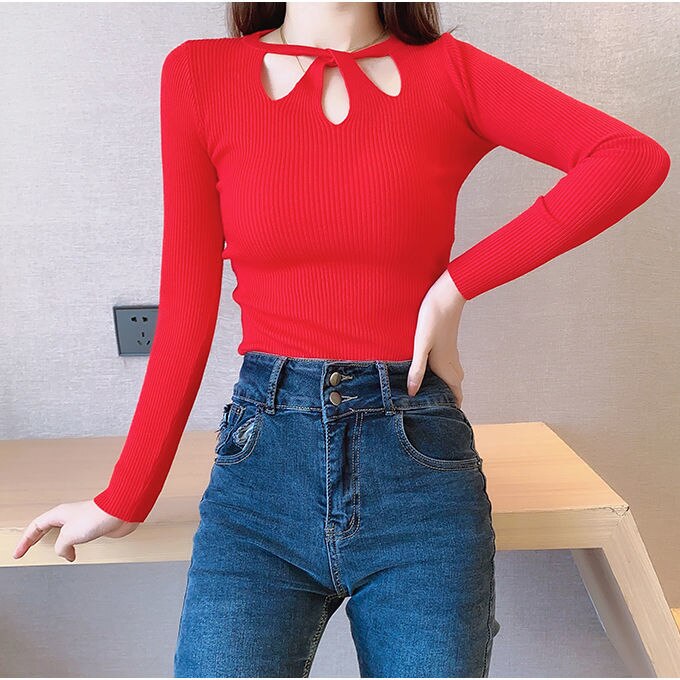 Maxct Winter Hollow Out Sexy Solid Sweater Ladies Elegant Fashion Slim Bottoming Knitting Pullover Tops Women Casual Jumper