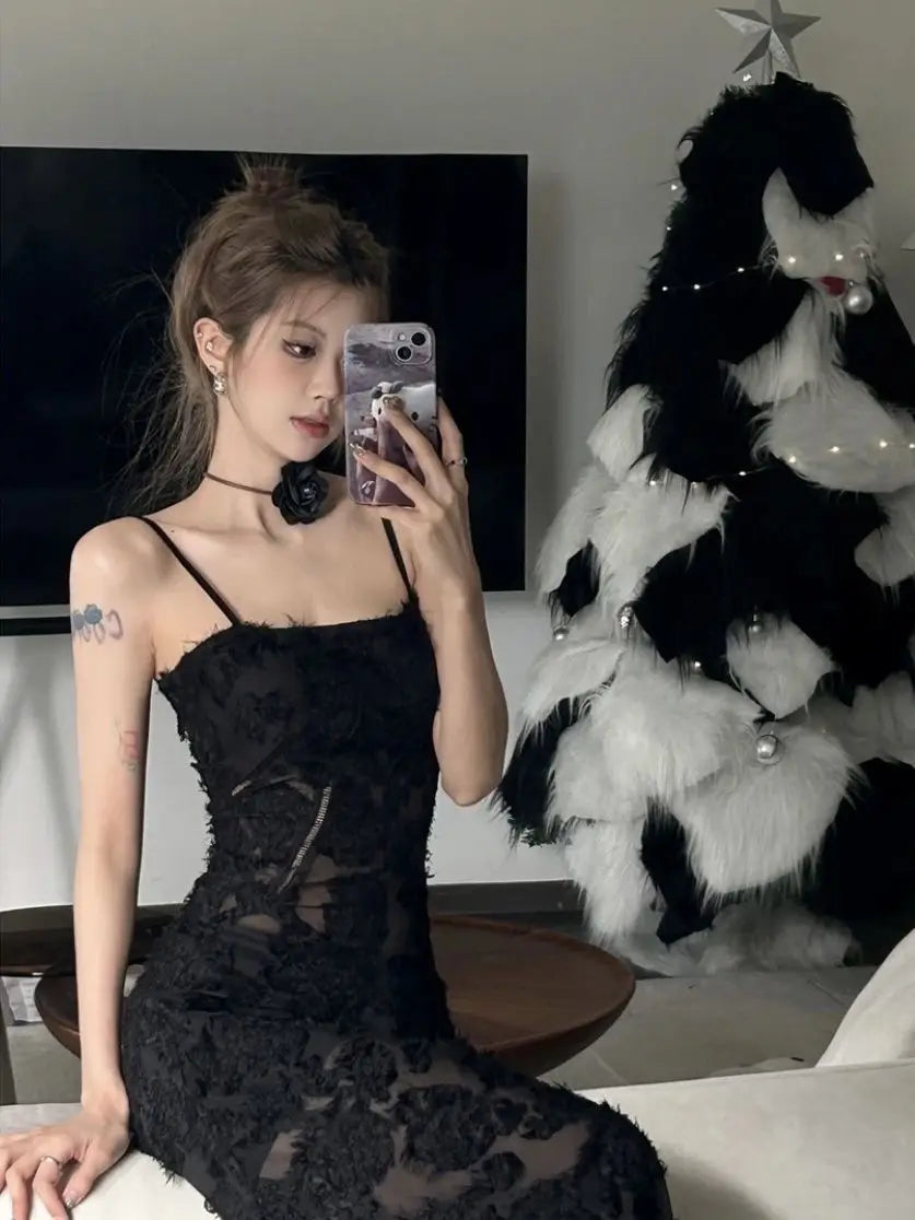 Voguable Black Party Midi Dress See-through Strap Y2k Dress FeLace Chic Korean Slim Vintage Dress New Maxct