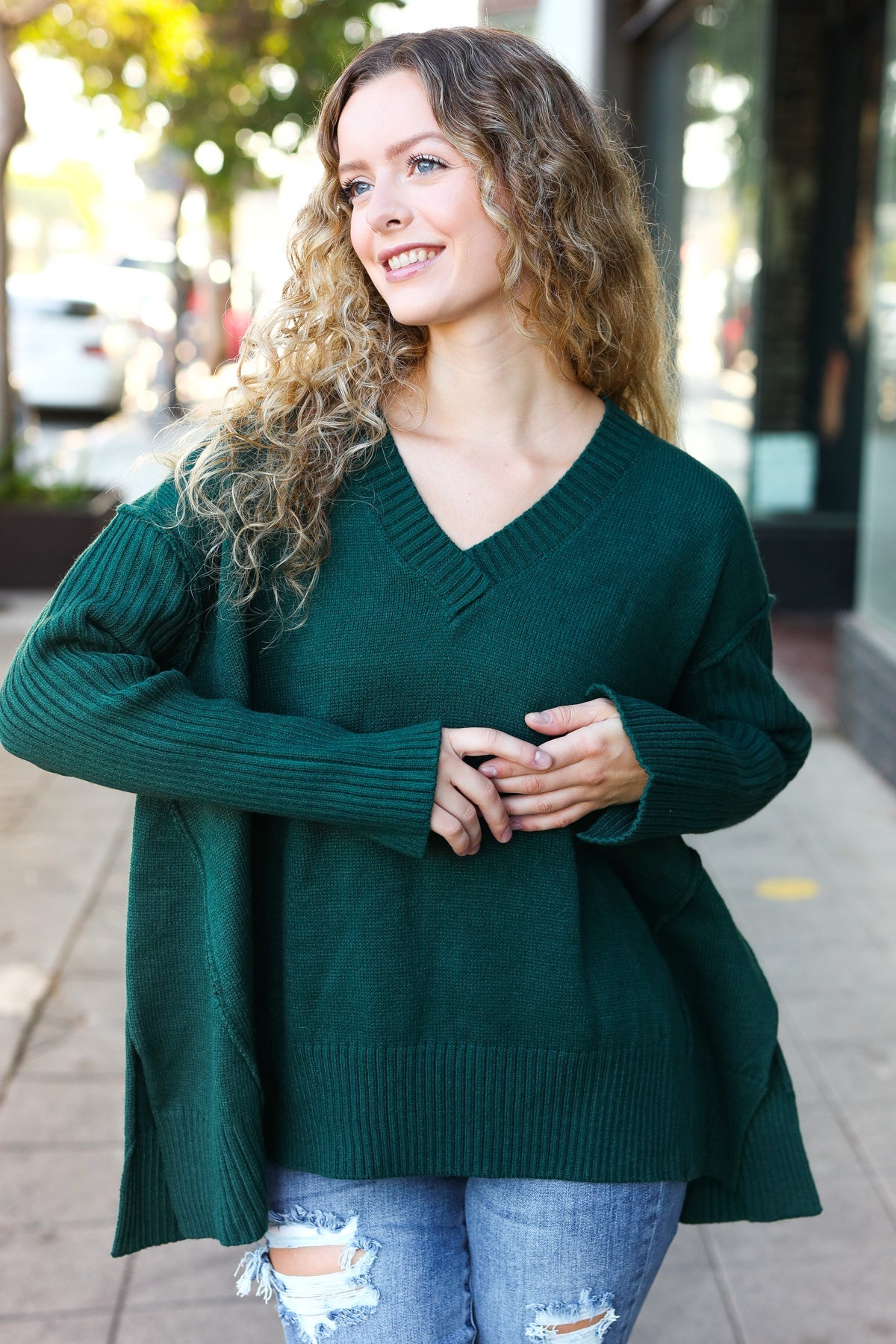 Maxct &Casual Chic Hunter Green Oversized V Neck Rib Knit Sweater