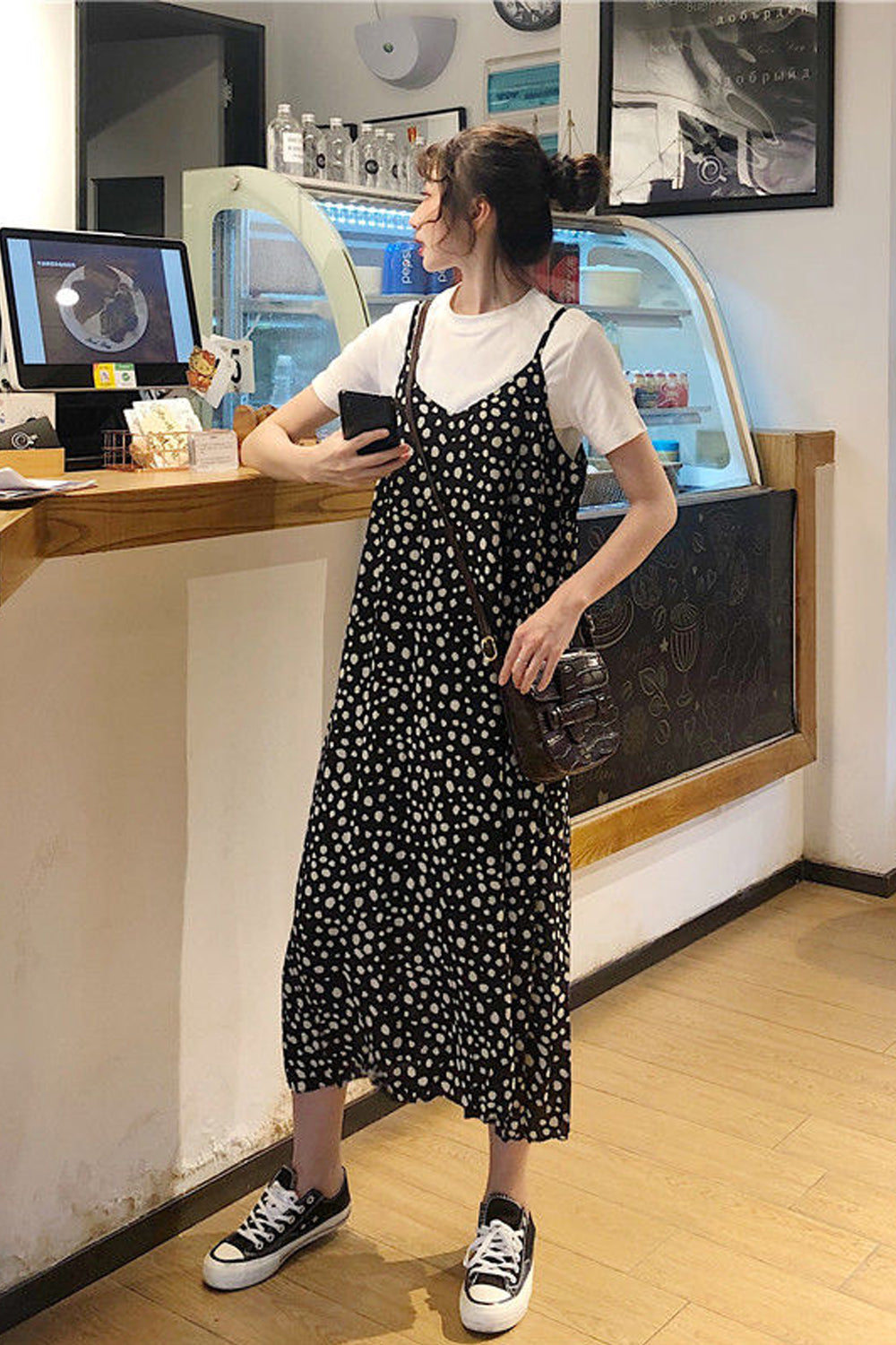 Sleeveless Dot Pattern Strappy Long Dress Maxct