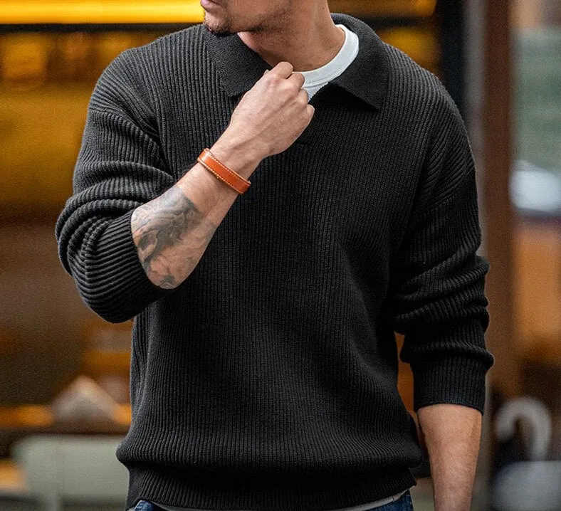 Maxct Open Neck Collared Rib Knit Sweater