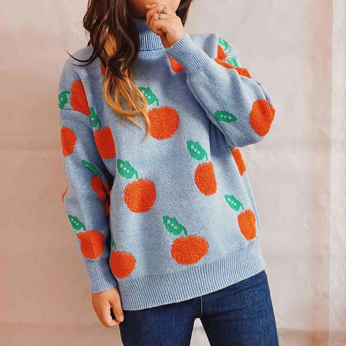 Maxct &Fruit Pattern Turtleneck Dropped Sweater