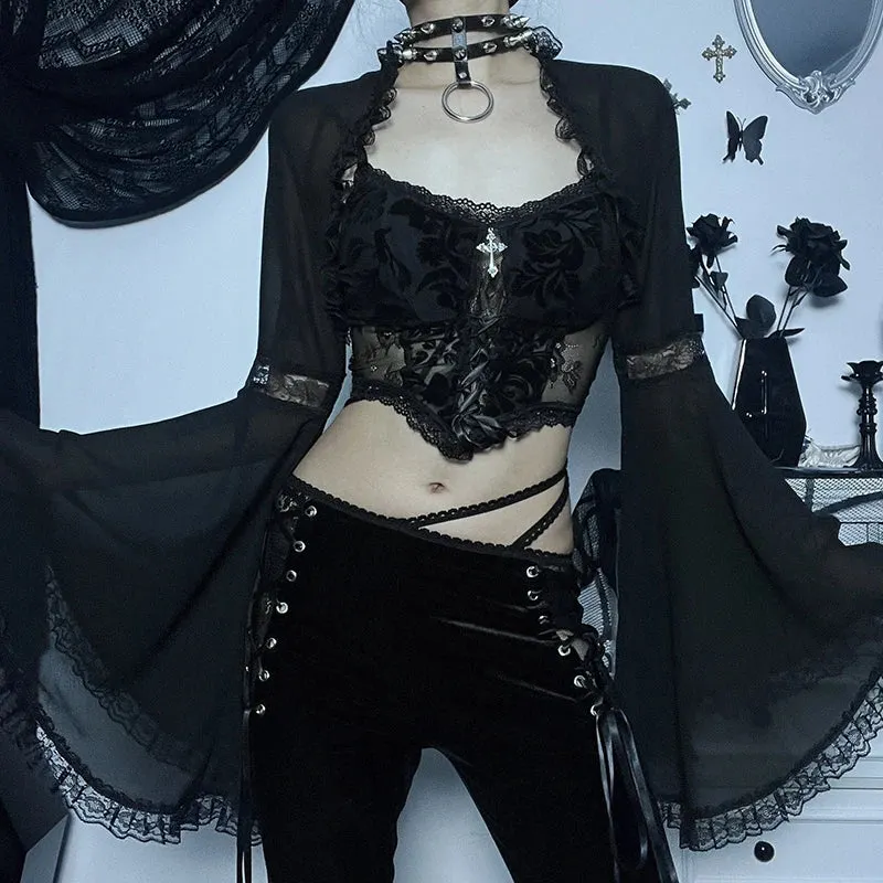 Maxct Women's Gothic Tops Dark Lace Lace Flared Sleeve Blouse Tops Street Sexy Slim Gauze Jacket