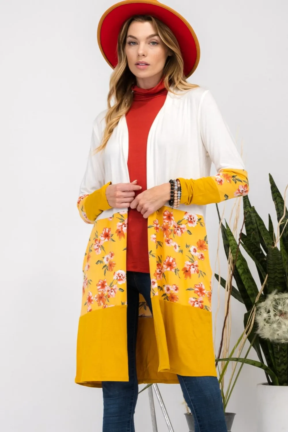 Maxct &Celeste Full Size Floral Color Block Open Front Cardigan