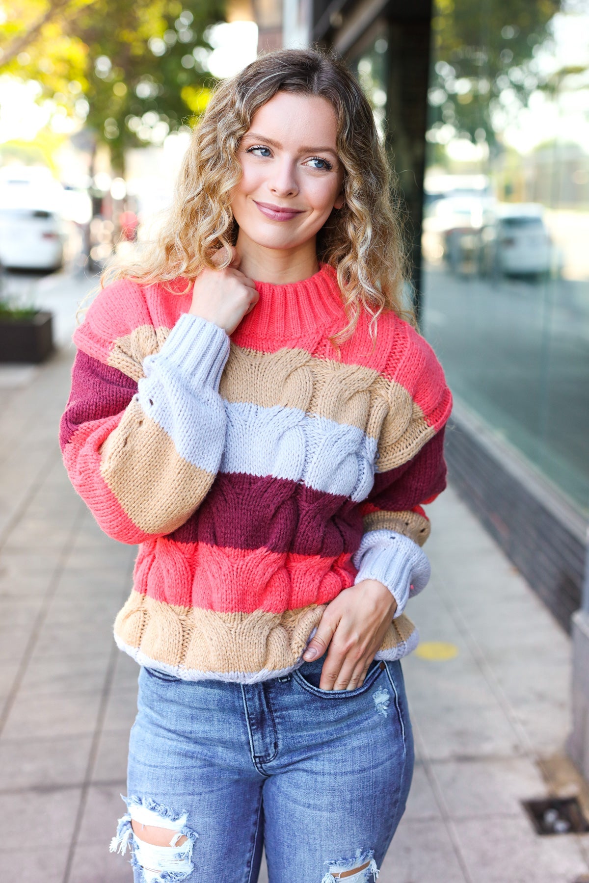 Maxct &Fall For You Rust Multicolor Stripe Cable Knit Mock Neck Sweater