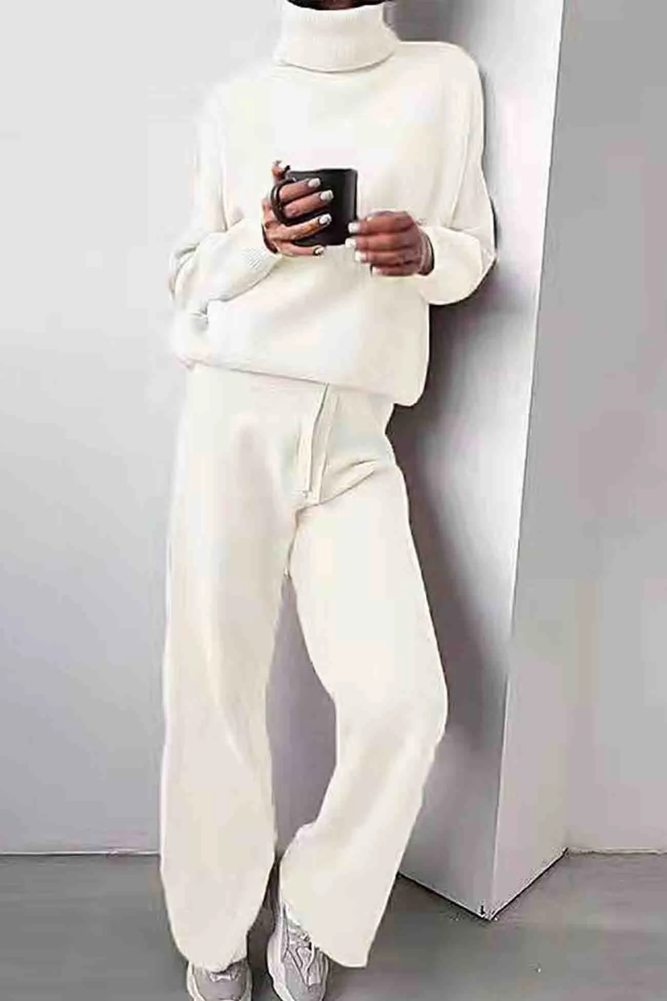 Maxct Solid Turtleneck Long Sleeve Long Pant Knitted Set
