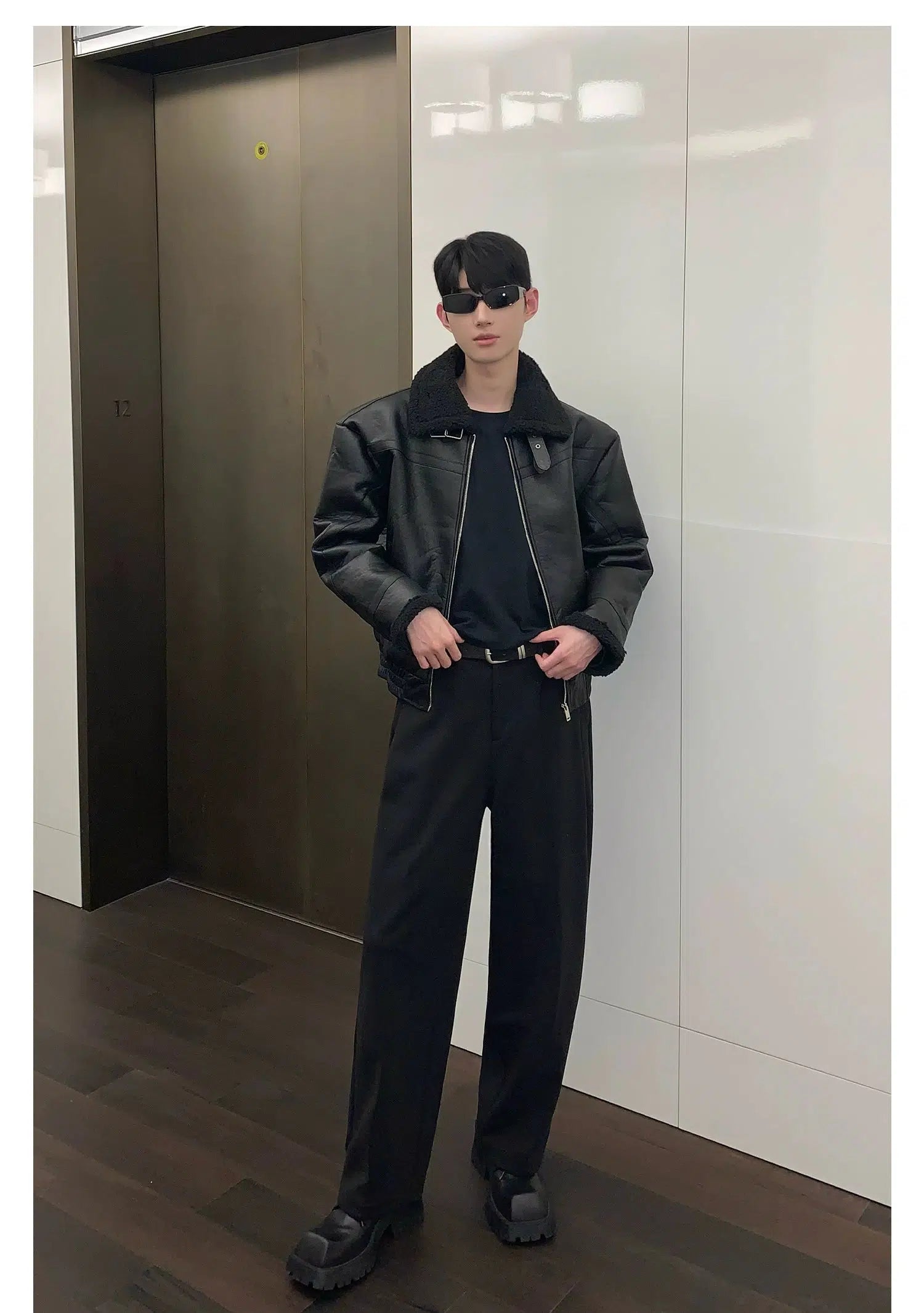 Maxct Fleece Stand Collar Faux Leather Jacket