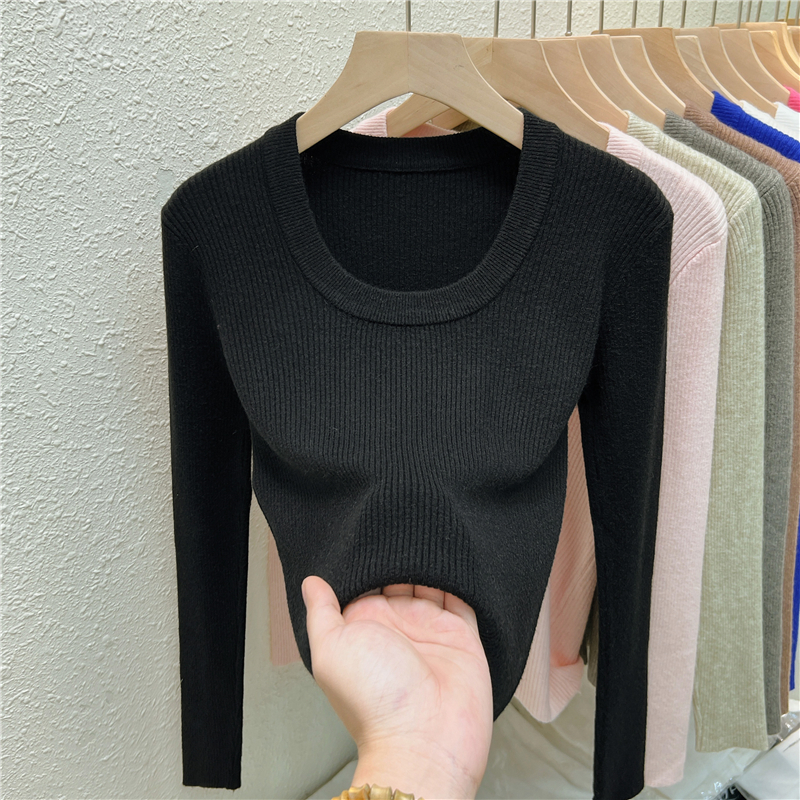 Maxct Photos U-neck Knitted Sweater For Women's Autumn Long Sleeved Top Girls Simple Base Jumper GT8311