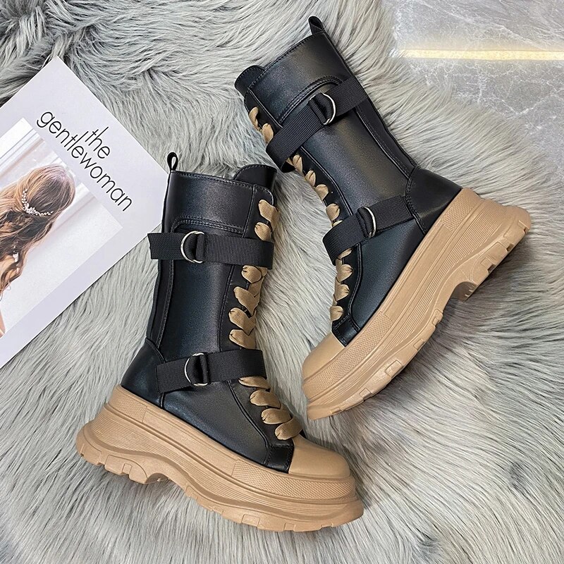 Platform Boots PU Leather Mid-Calf Combat for Women