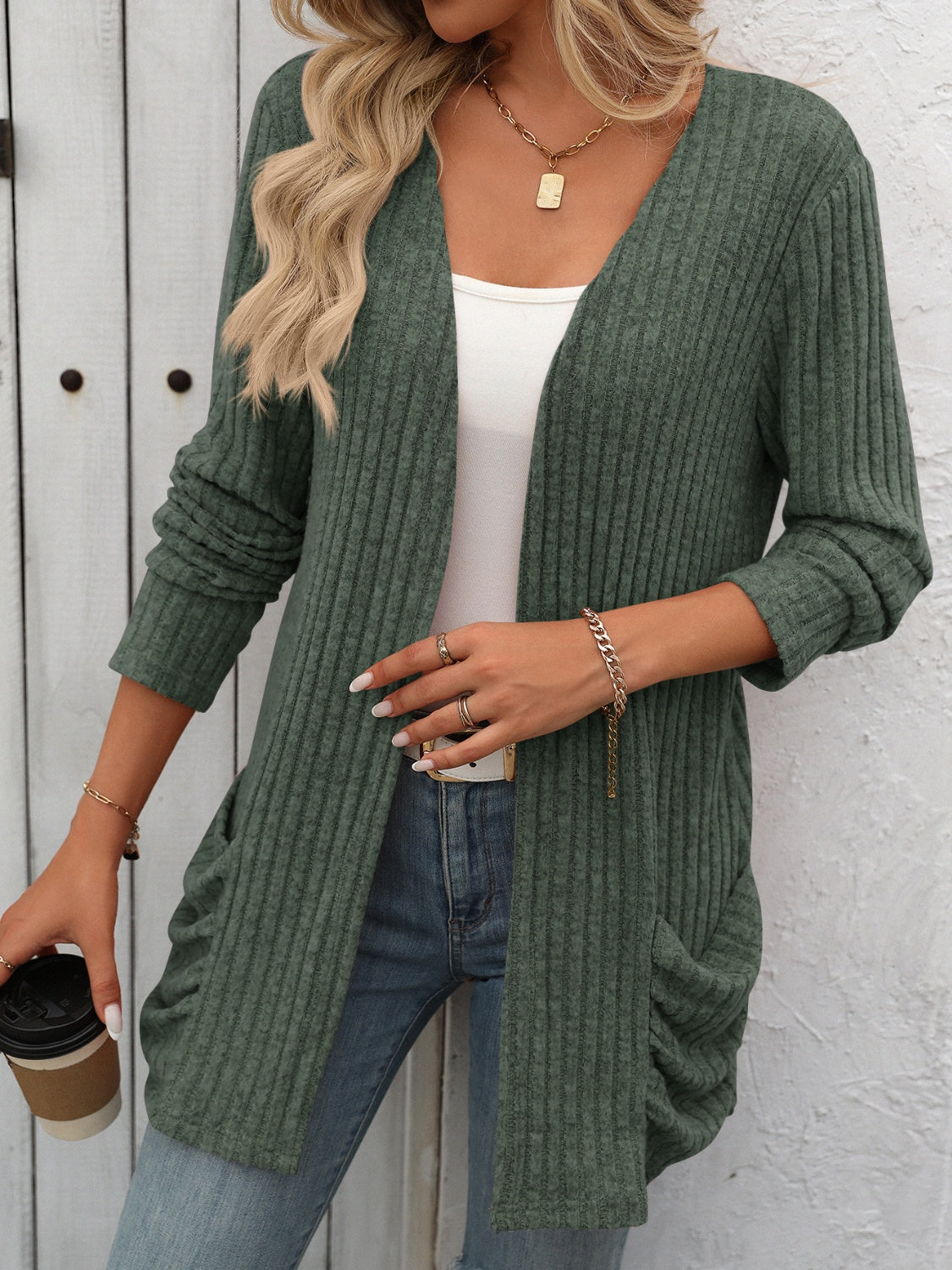 Maxct &Open Front Long Sleeve Ribbed Cardigan