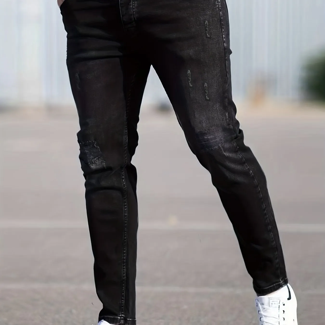 Maxct  Slim Fit Ripped Jeans, Men's Casual Street Style Distressed Mid Stretch Denim Pants For Spring Summer