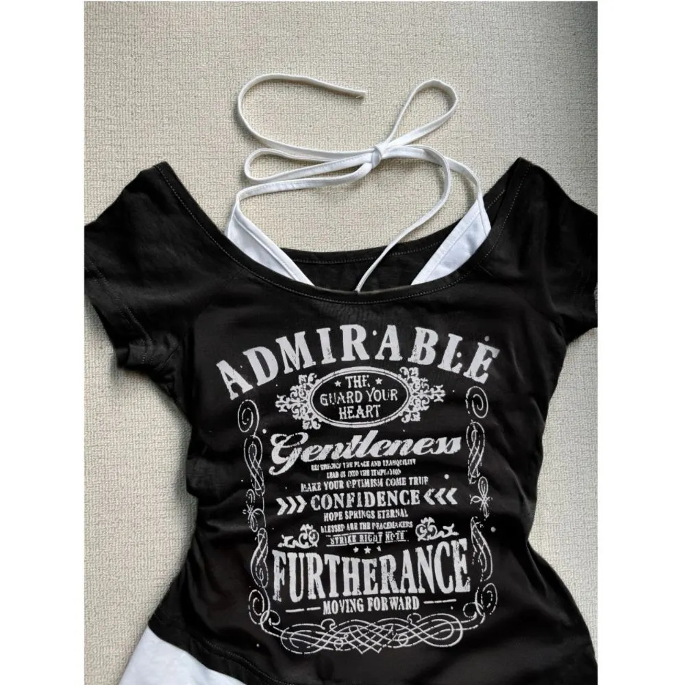 American Black Fake Two-piece Halter Neck Letter Print T-shirt Fashion Street Hot Girl Sexy Slim Off Shoulder Millennium Y2K Top