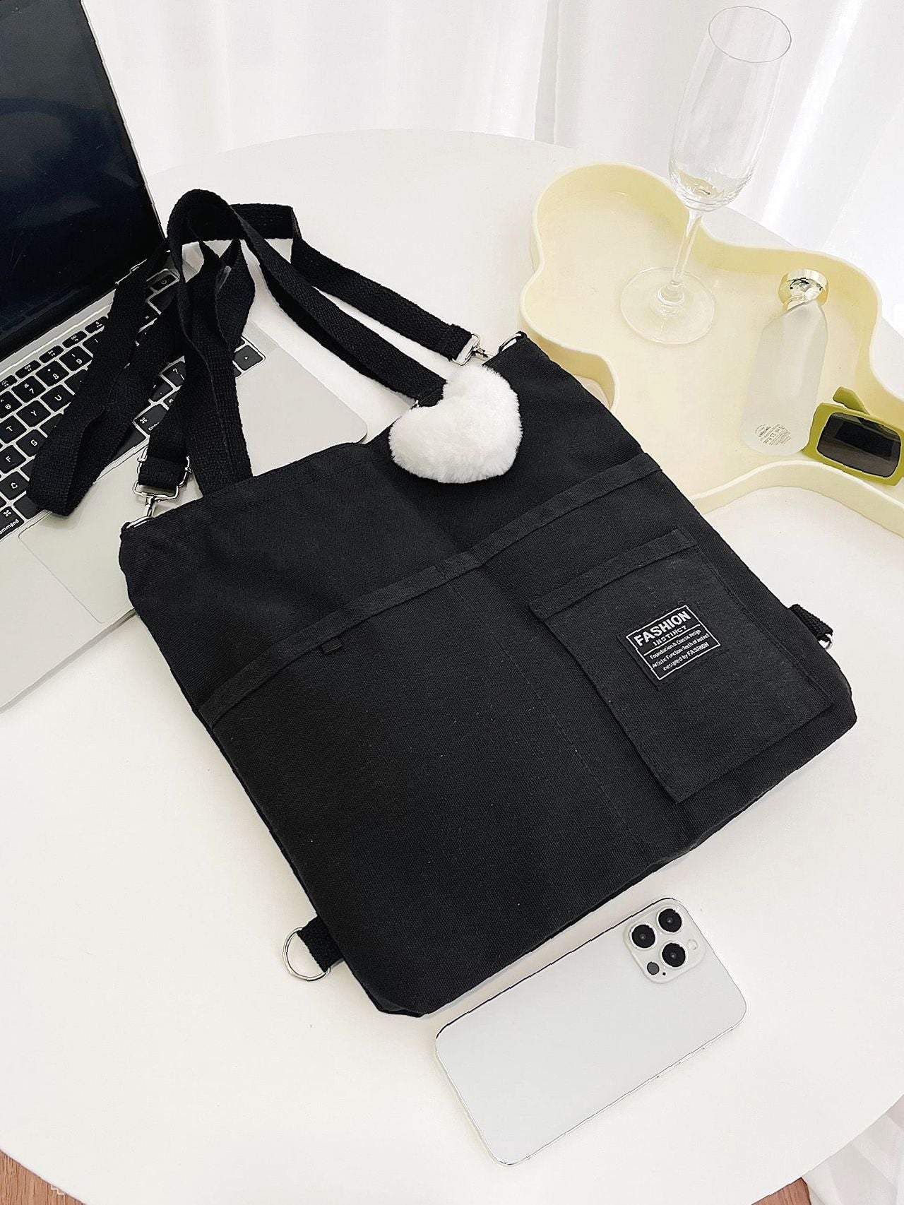 Maxct - Letter Graphic Shopper Bag with Bag Charm  - Women Tote Bags