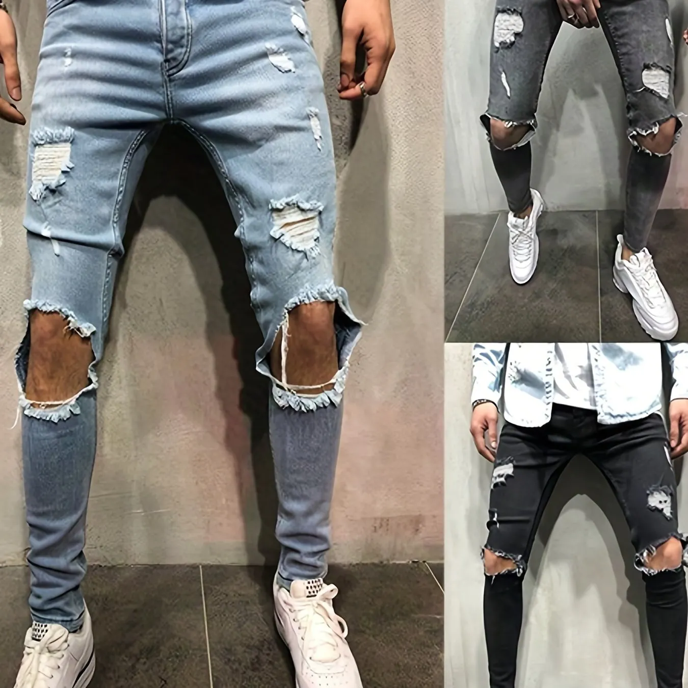 Maxct  Slim Fit Ripped Jeans, Men's Casual Street Style Distressed Mid Stretch Denim Pants For Spring Summer