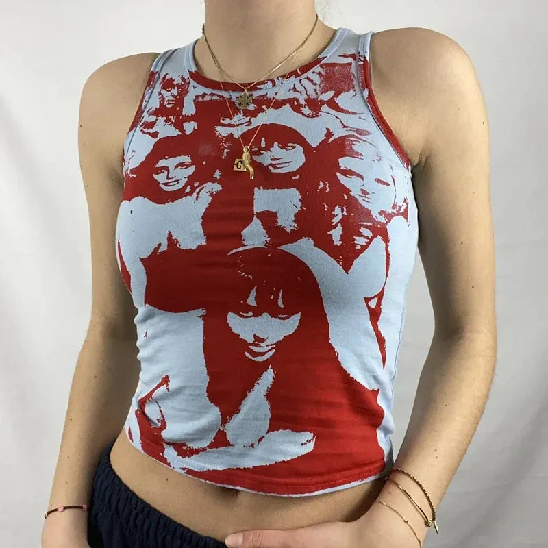 Maxct 90s Vintage Portrait Graphic Print T-shirt Harajuku Crop Top Y2K Aesthetic Summer Slim Fit Tees Tops Women Streetwear Gothic