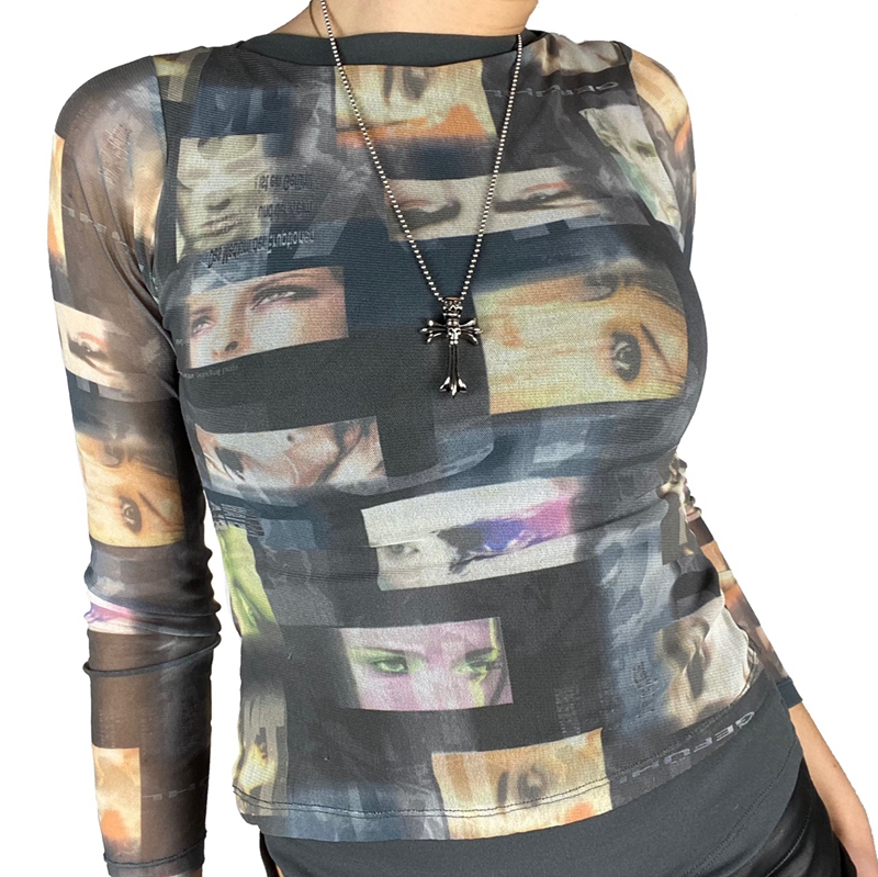Gothic Black Pachtwork Mesh Sheer T-shirt Graphic 90s Vintage Women Long Sleeve Slim Fit Crop Top Harajuku Streetwear