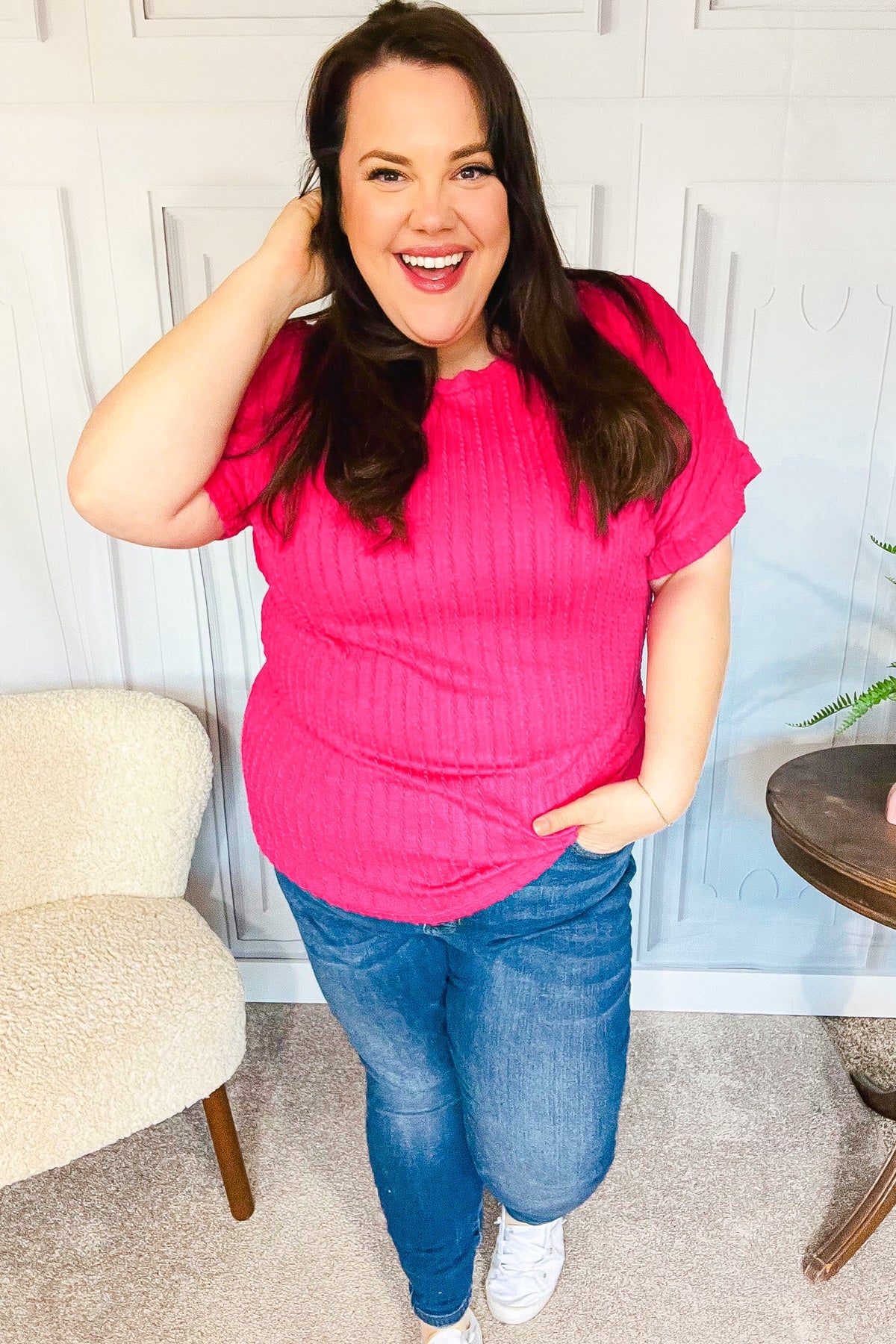 Maxct &Be Your Best Fuchsia Cable Knit Dolman Short Sleeve Sweater Top