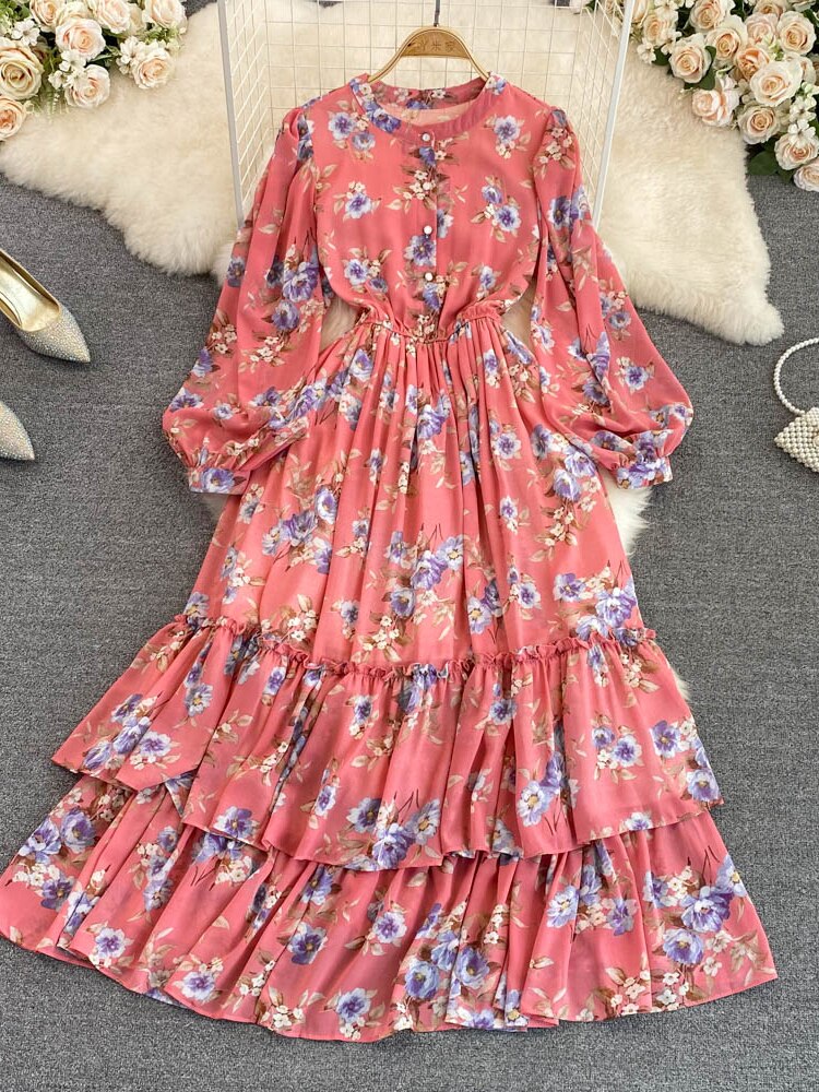 Maxct Vintage Floral Chiffon Long Dress Elegant O-Neck Puff Sleeve High Waist A-Line Ruffle Hem Vacation Beach Maxi Vestidos