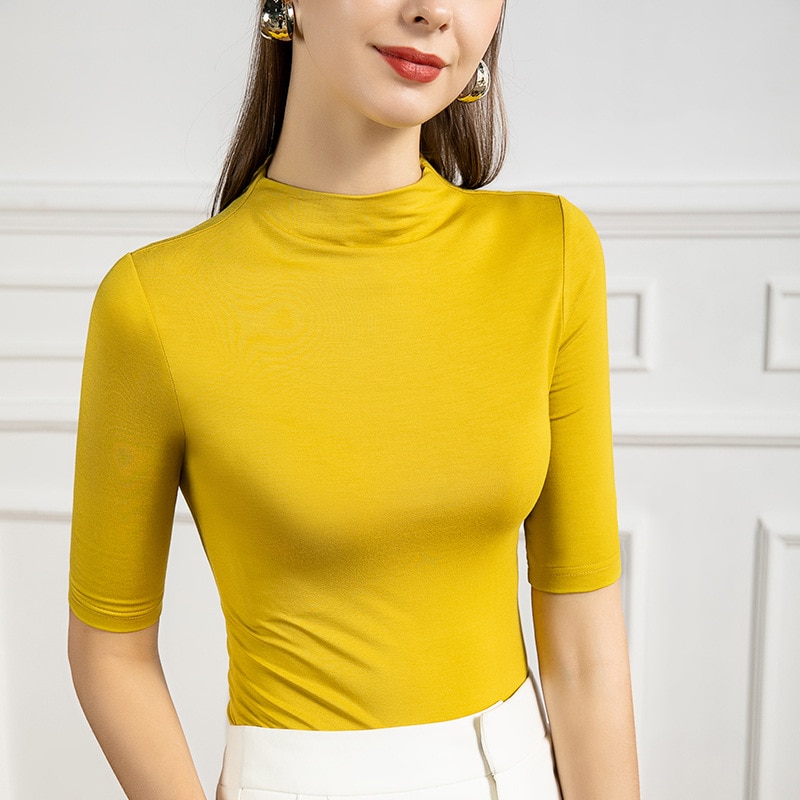 Maxct Modal Tshirt Top Women Half Sleeve Turtleneck T-shirts Tees Girl Solid Slim Basic Undershirt T shirt