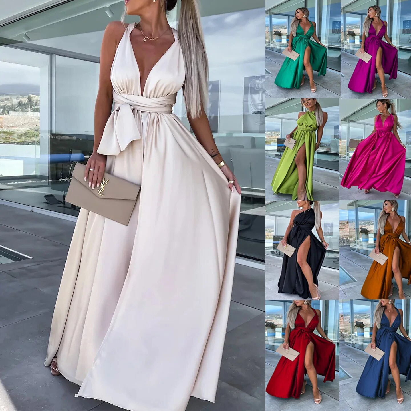 Maxct Summer Sexy Solid Casual Women Dress Sleeveless Deep V Tie Up High Split Long Dress Evening Party Elegant Lady Maxi Dress