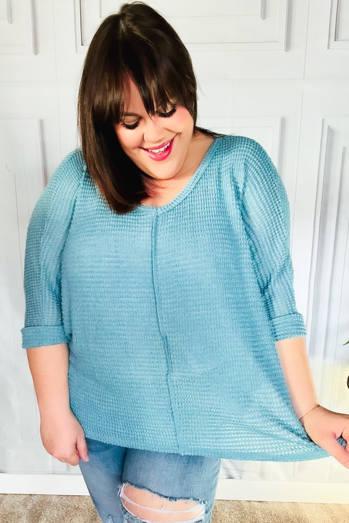 Maxct &Just My Type Dusty Teal Jacquard Hi-Low V Neck Sweater