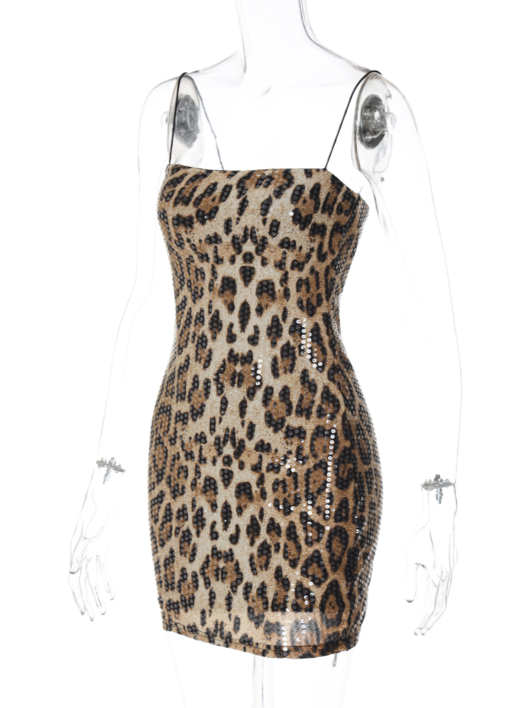 Leopard Print Spaghetti Shoulder Strap Square Collar Mini Dress Sparkly Sequins Party Club Y2K Clothes