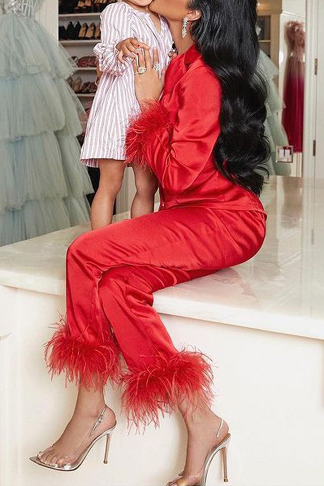 Maxct Lapel Feather Hem Two-piece Pants Set