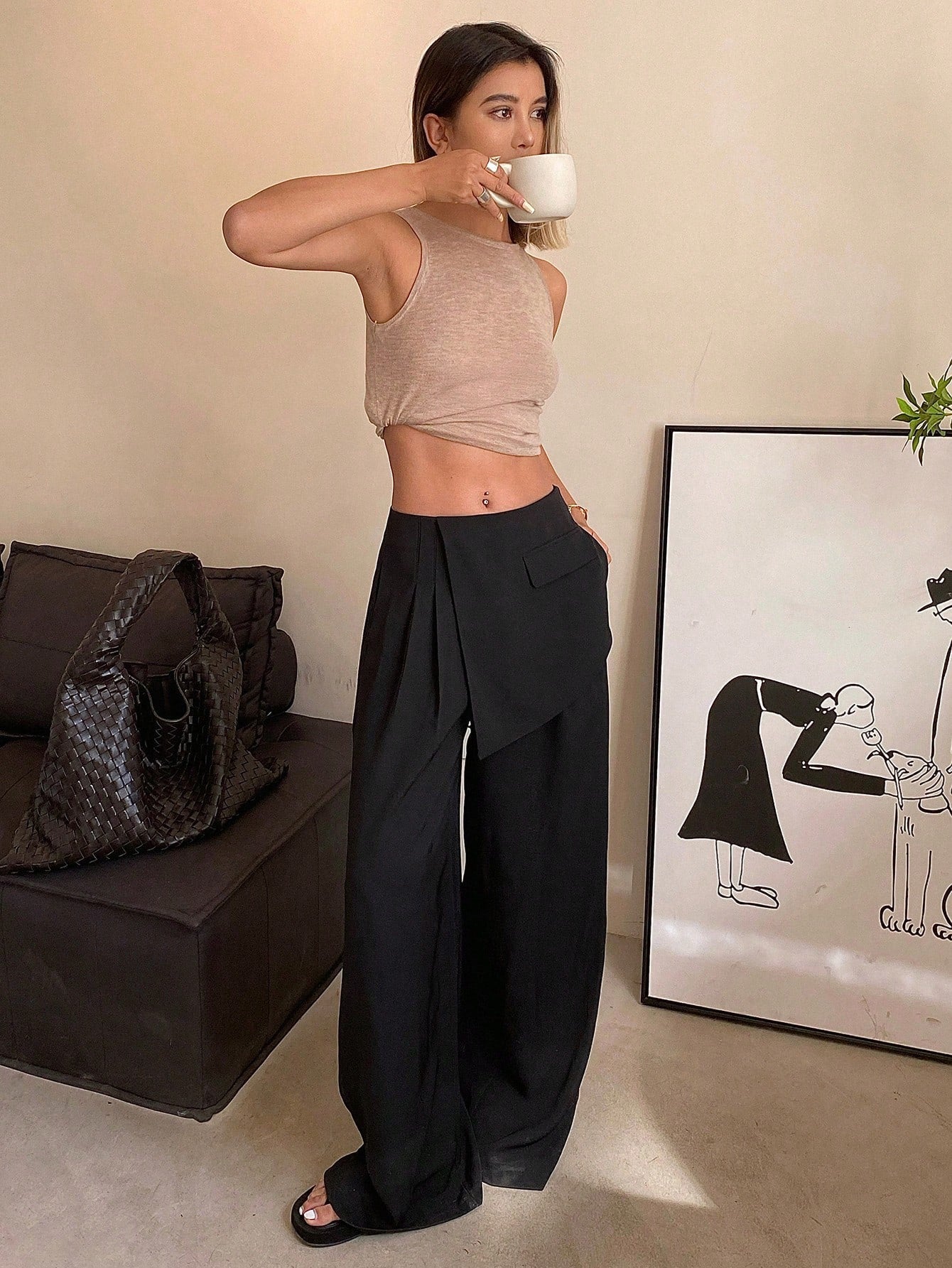 Maxct Solid Color Wide Leg Pants For Women With Loose Fit And Fake Two Piece Design