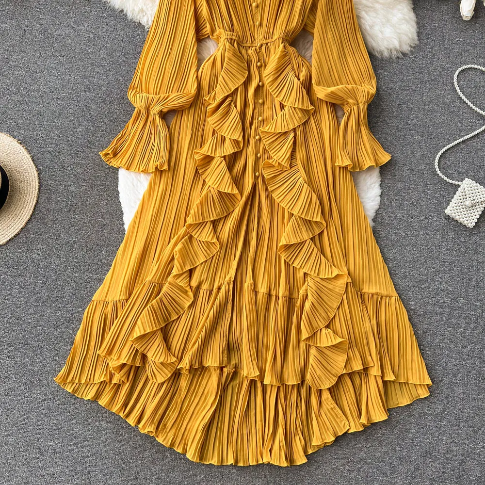 Chiffon Pleated Long Dress Women Vintage V-Neck Flare Sleeve Draped Ruffle Vestido Female Maxi Robe Spring Fall 1215-1