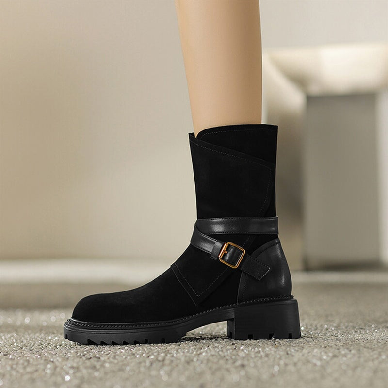Womens Suede Mid Calf Boots for Winter Buckles Boots Maxct