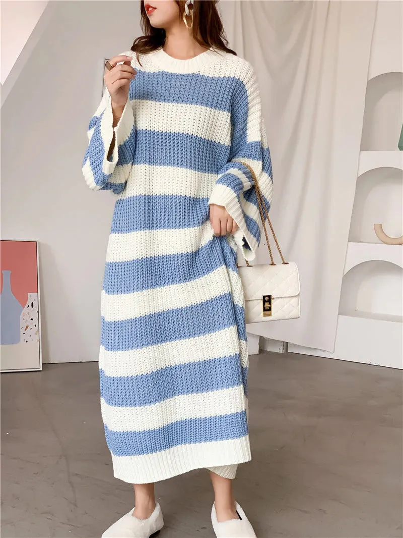 Loose Long Striped Crew Neck Knitted Dress Maxct