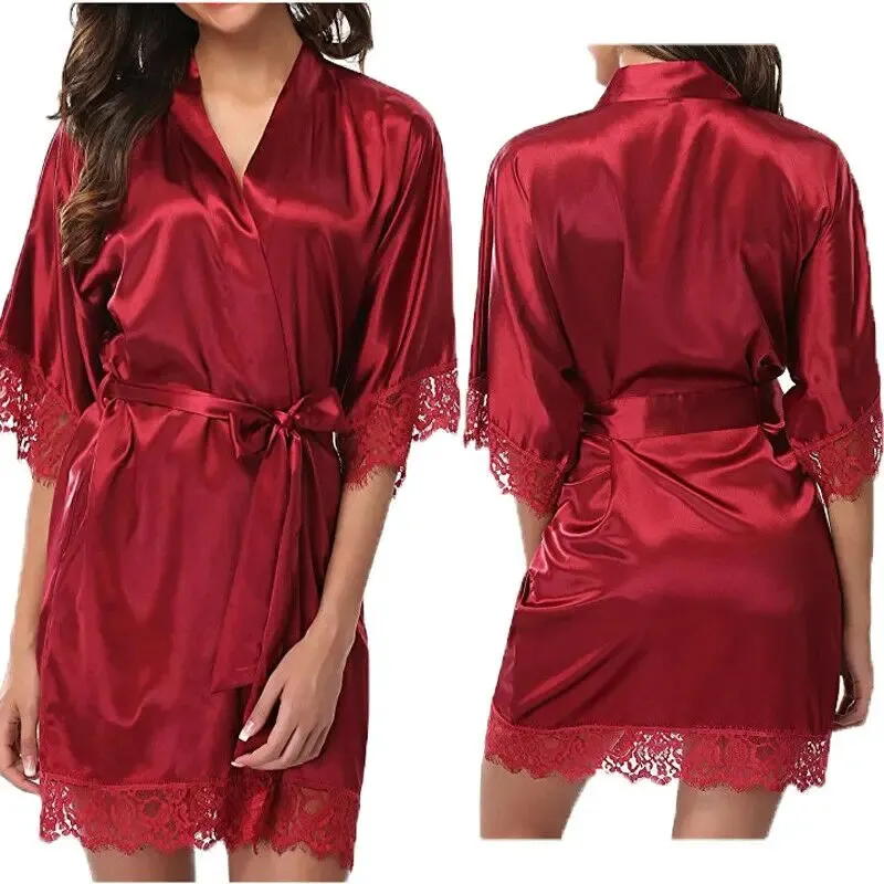 Maxct Women Night Gown Satin Robe Bathrobe Satin Nightgown Halt Sleeve Pajamas Lingerie Night Mini Dress Lace Sexy Sleepwear hot sale