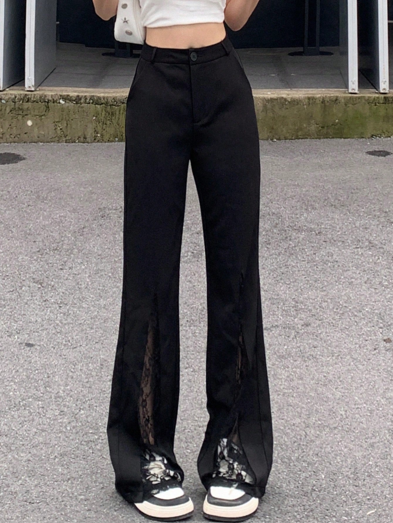 Maxct Women's Lace Splice Fashionable Daily Wear Suit Pants Wide-Leg Trousers