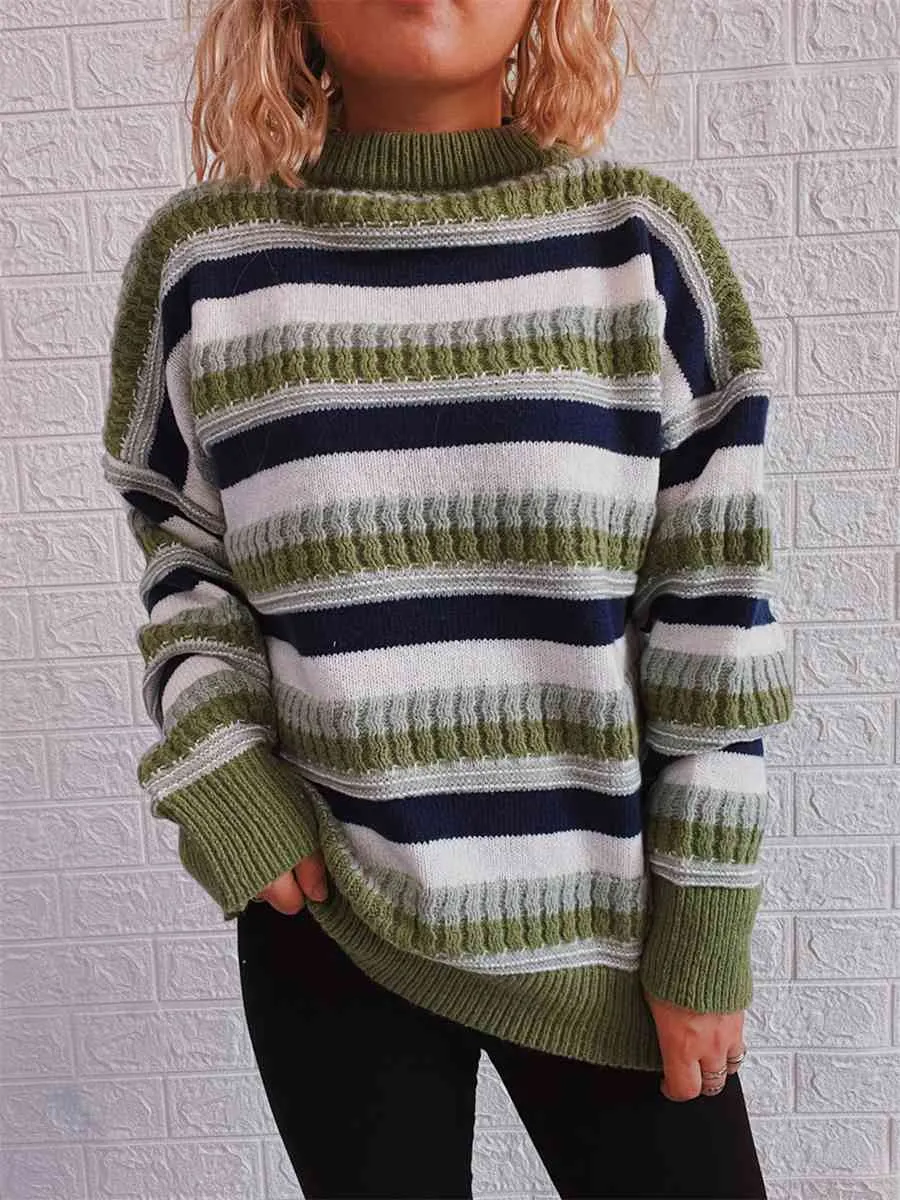 Maxct &Striped Drop Shoulder Round Neck Sweater