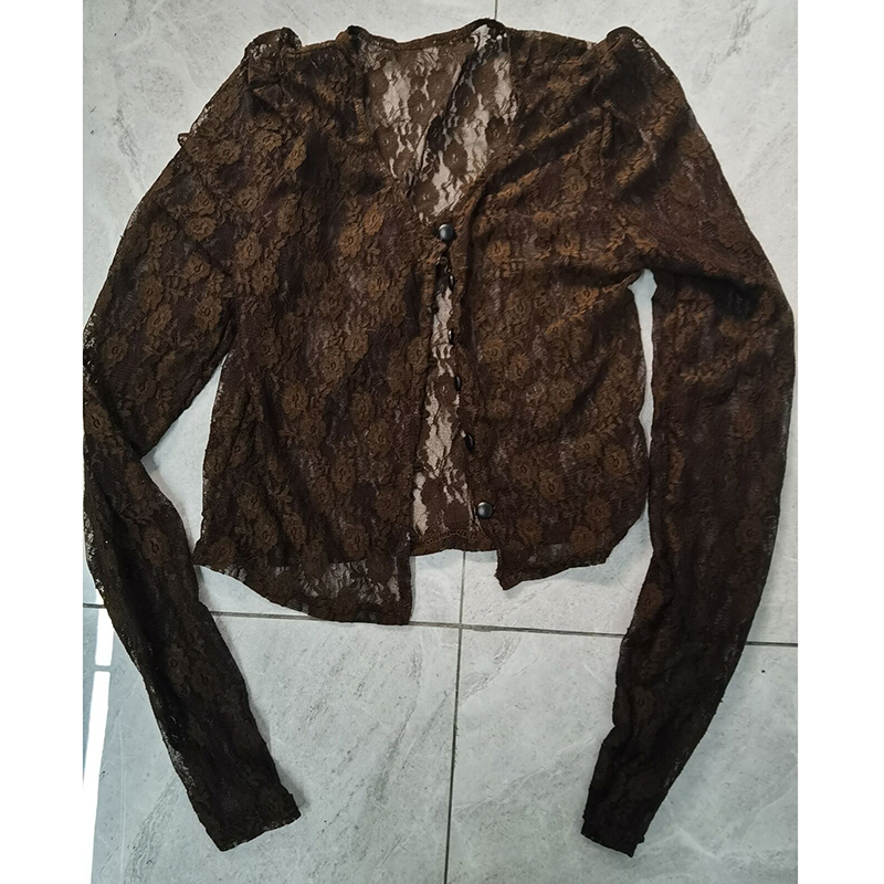 90s Vintage Button Up Long Sleeve Crop Top Floral Lace Transparent T-shirt Korean Harajuku Slim Fit Tees Y2K Women Streetwear