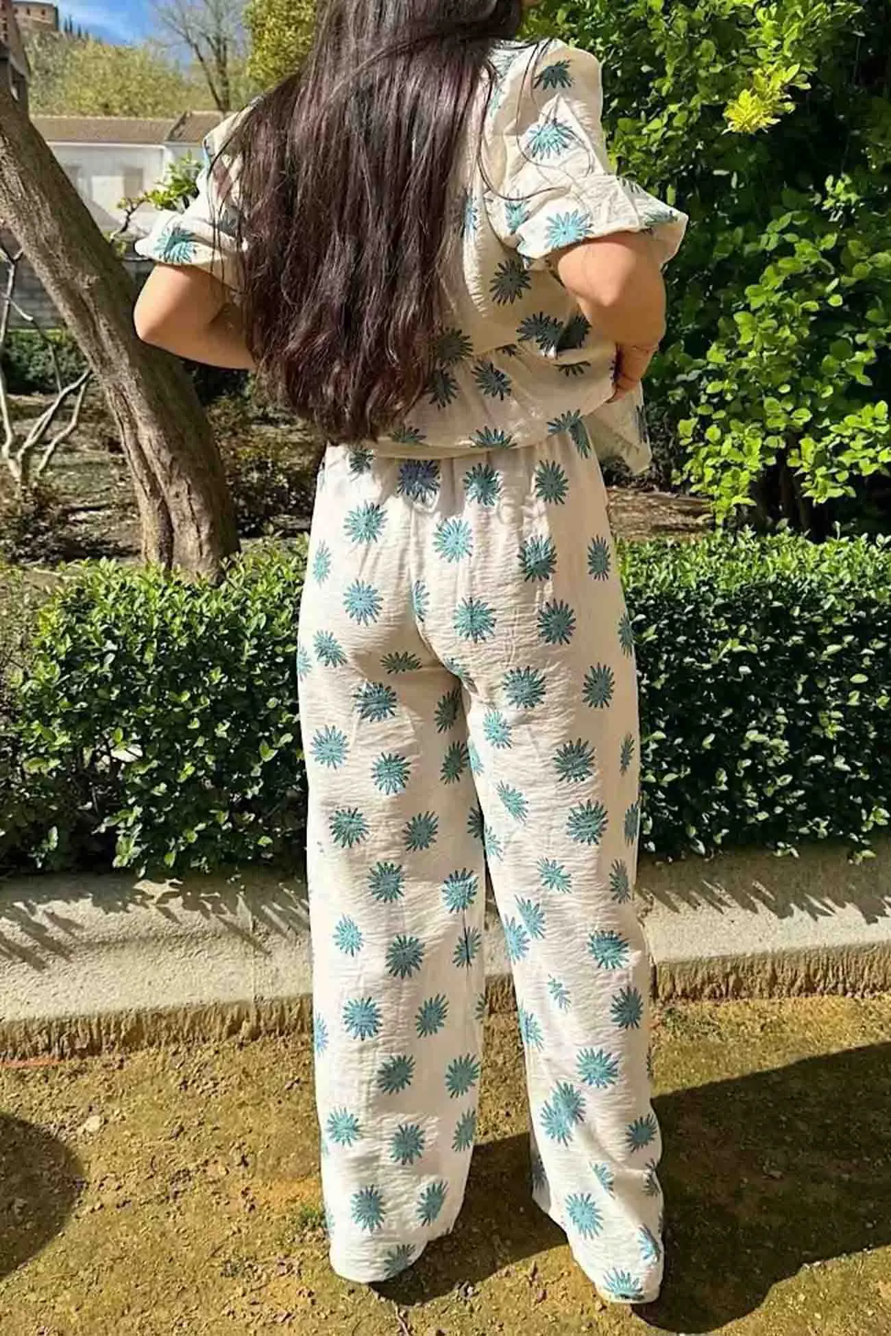 Maxct Printed Lace Up Tops Wide Leg Pants Set
