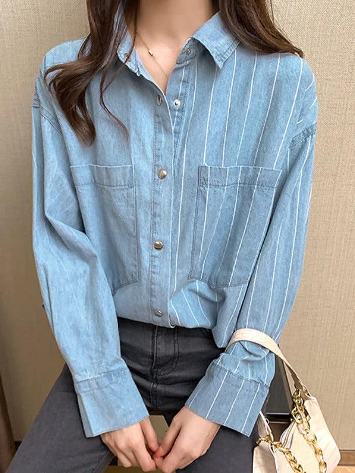 Maxct Vintage Striped Splice Denim Blouses&Shirts