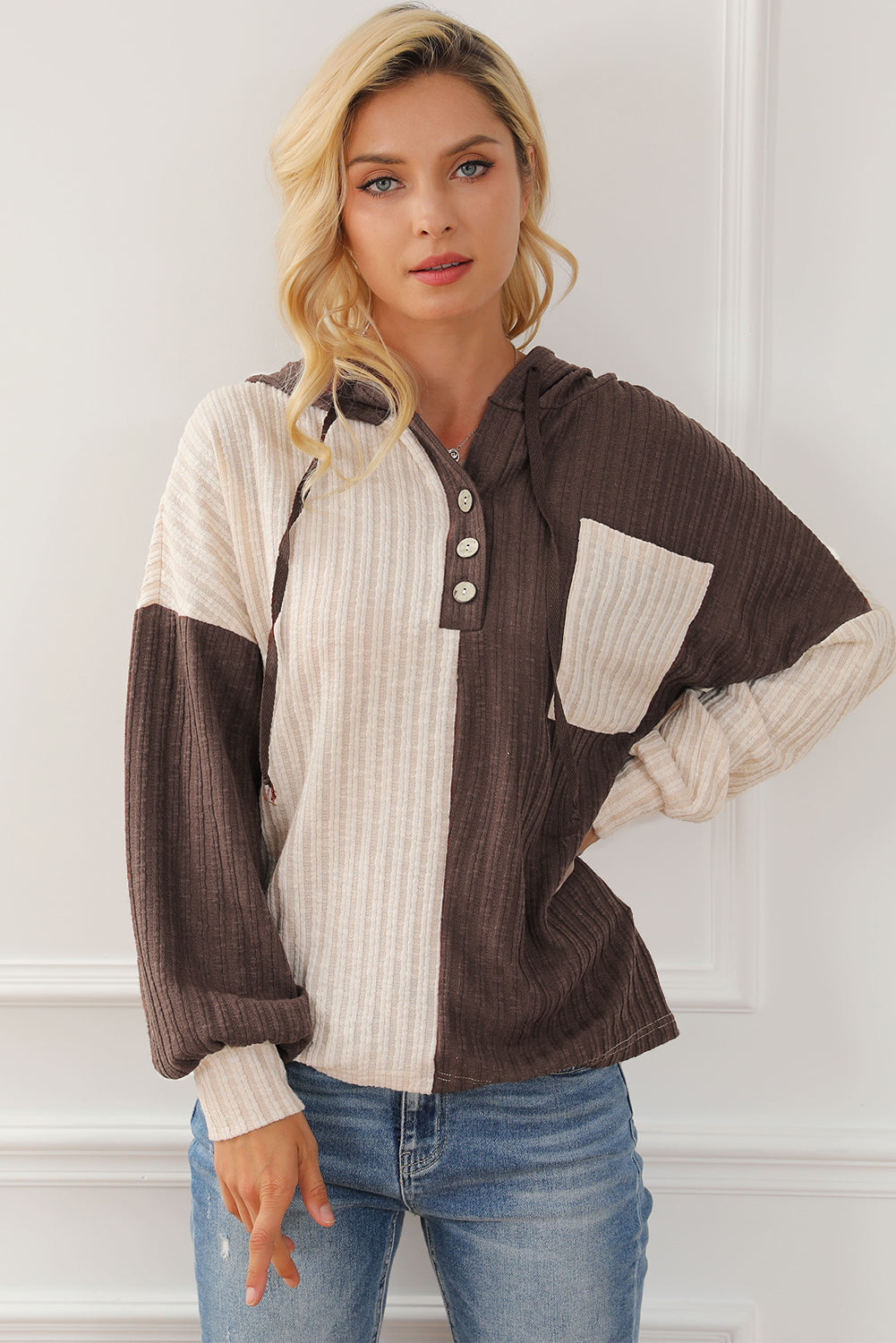 Maxct &Color Block Quarter Button Long Sleeve Hoodie