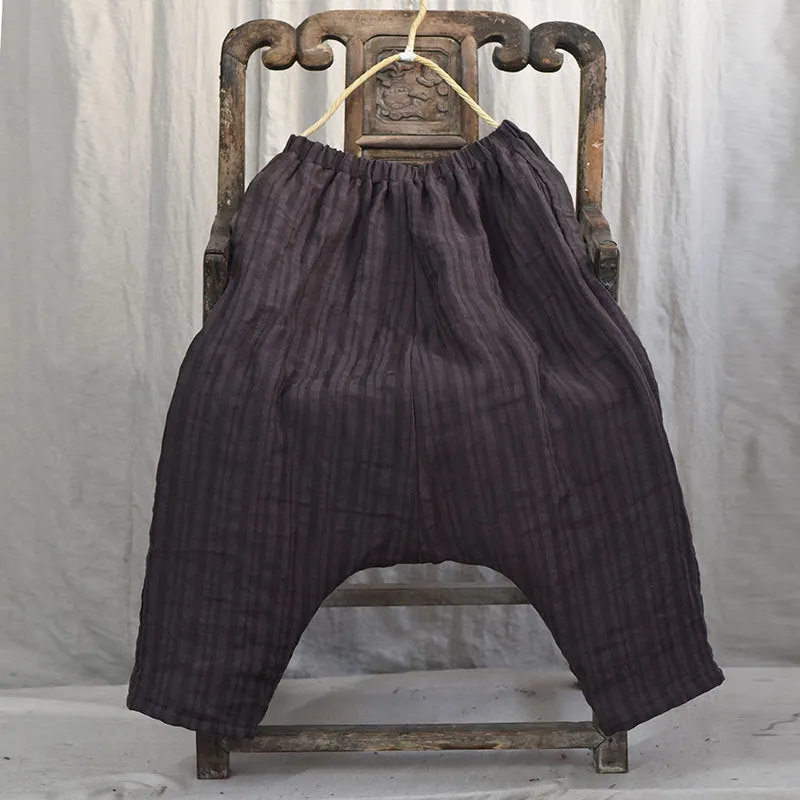 Women Striped Warm Drop-Crotch Cotton Linen Pants