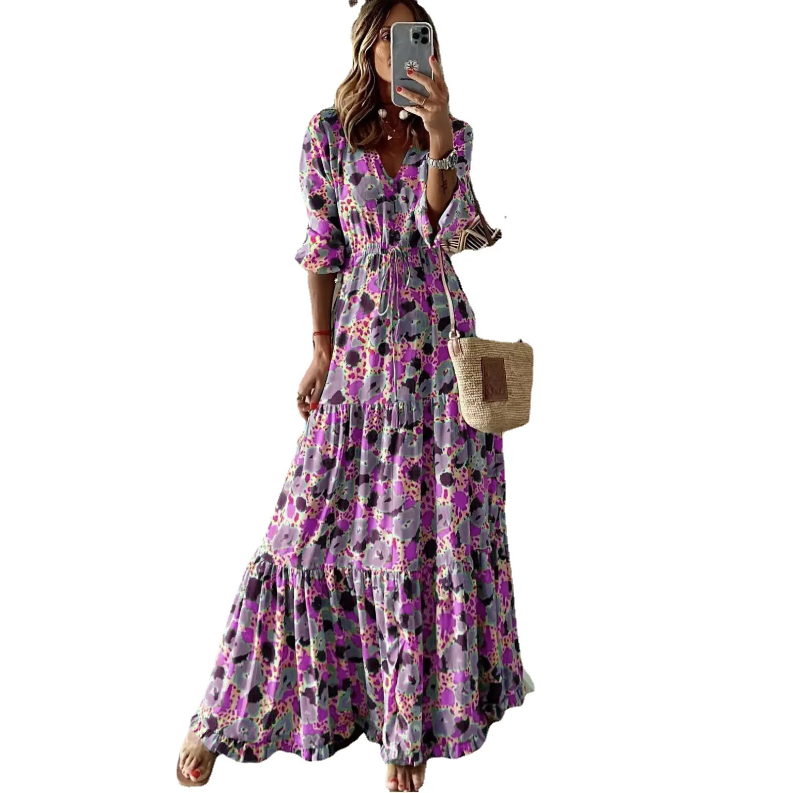 Maxct Maxct Summer New Women's Wear Temperament Holiday V Collar Print Large Place Long Dress